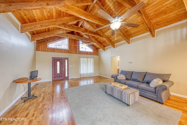 living room featuring light wood-type flooring, ceiling fan, beam ceiling, high vaulted ceiling, and wood ceiling