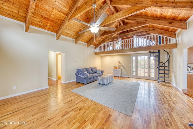 unfurnished living room featuring high vaulted ceiling, wooden ceiling, ceiling fan, and light wood-type flooring