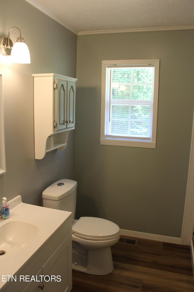 bathroom with toilet, vanity, and wood-type flooring