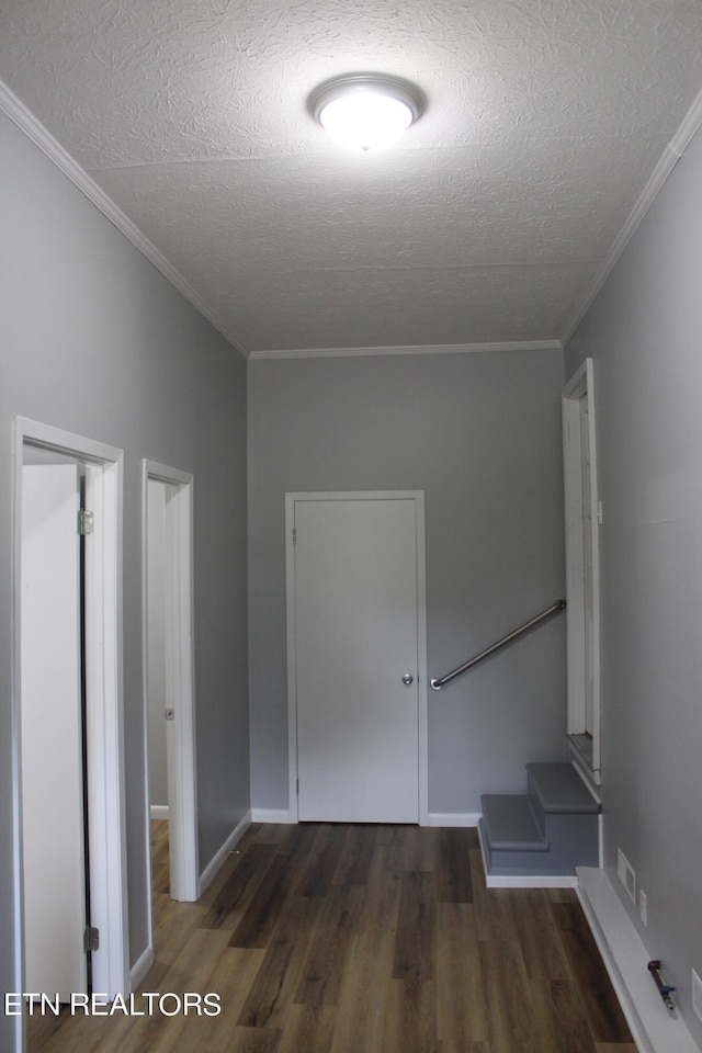 interior space featuring dark hardwood / wood-style flooring, ornamental molding, and a textured ceiling