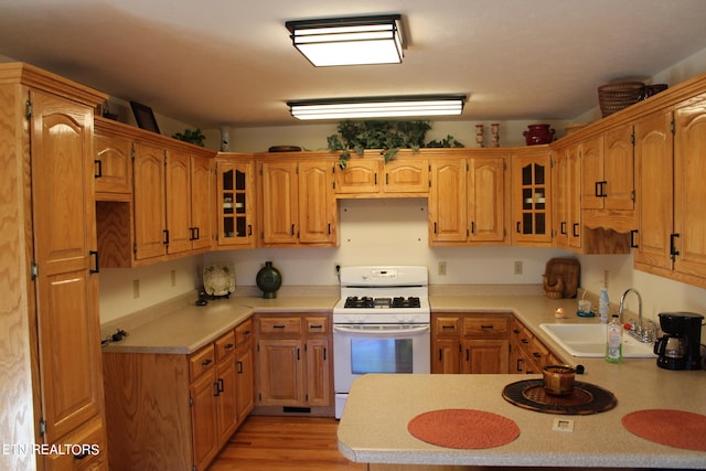 kitchen with light hardwood / wood-style floors, white gas range oven, and sink