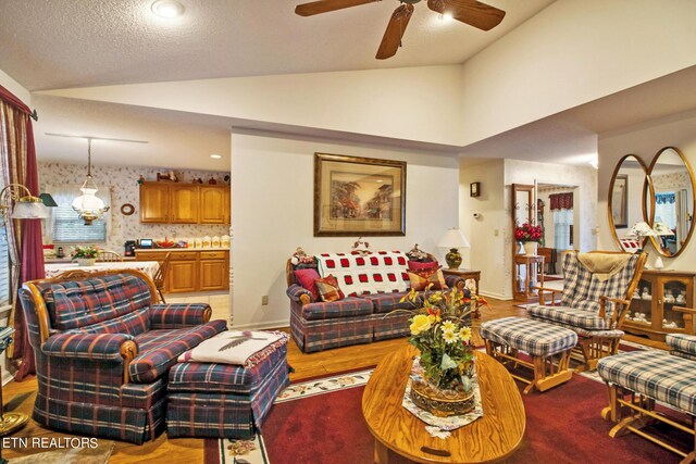 living room featuring hardwood / wood-style flooring, ceiling fan, and vaulted ceiling