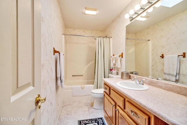 full bathroom featuring vanity, shower / tub combo, tile patterned floors, and toilet