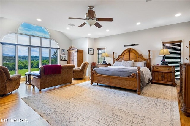 bedroom featuring ceiling fan and light wood-type flooring