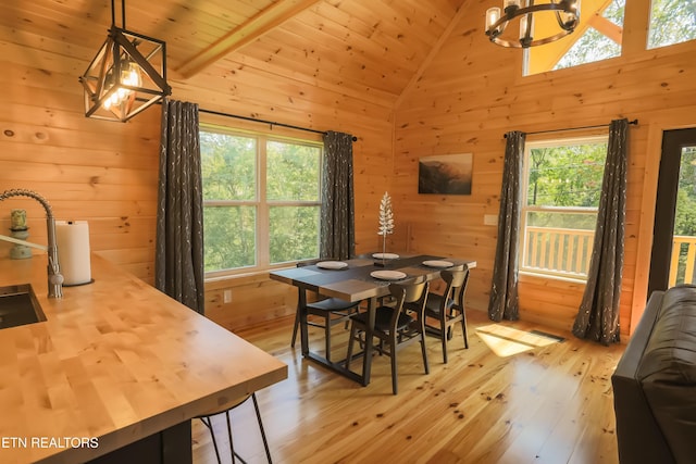 dining space with wood ceiling, wooden walls, vaulted ceiling, and a notable chandelier