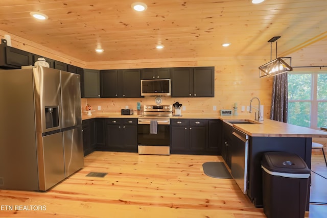 kitchen featuring a peninsula, stainless steel appliances, a sink, light wood-style floors, and wooden ceiling