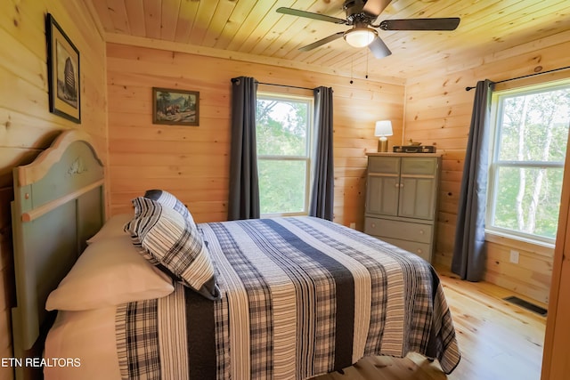 bedroom featuring light wood-style flooring, wooden ceiling, wood walls, and visible vents