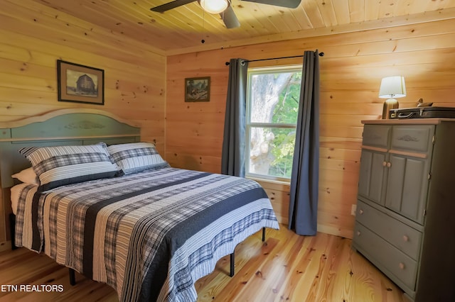 bedroom featuring ceiling fan, light wood-type flooring, wood walls, and wood ceiling