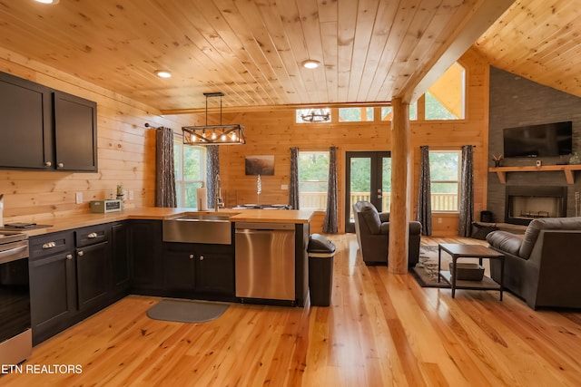kitchen featuring wood ceiling, stainless steel appliances, a peninsula, and open floor plan