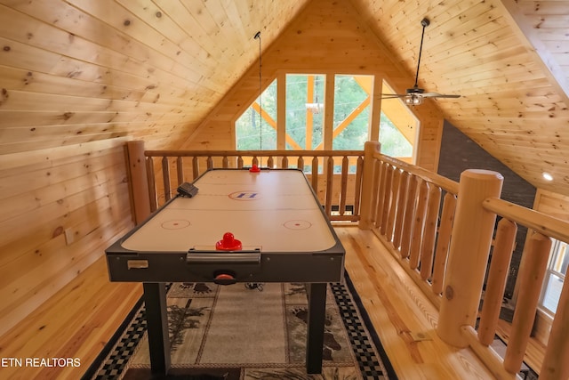 rec room with lofted ceiling, wooden walls, and wooden ceiling