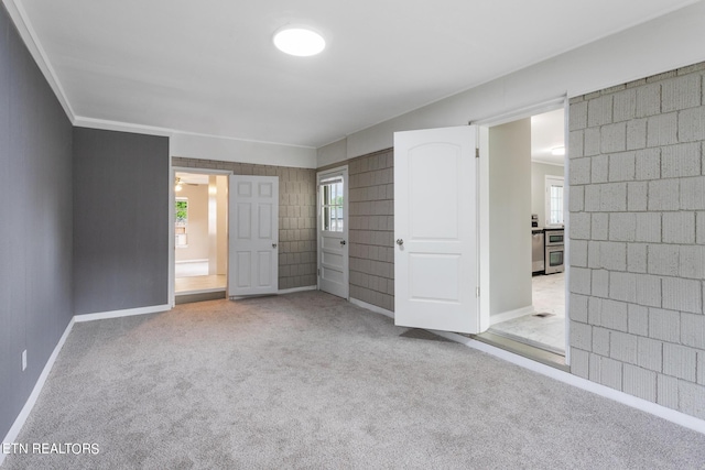 unfurnished bedroom with ornamental molding and carpet floors