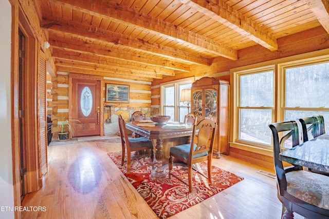 dining area with log walls, wooden ceiling, beamed ceiling, and hardwood / wood-style flooring