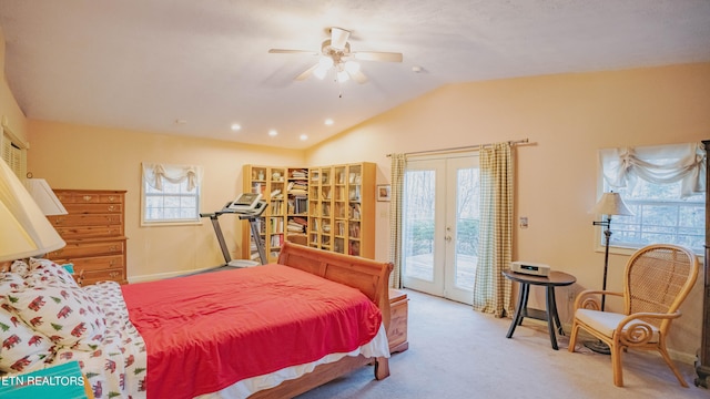 carpeted bedroom featuring lofted ceiling, ceiling fan, french doors, and access to outside