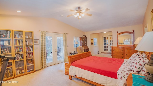 bedroom with ceiling fan, french doors, carpet floors, vaulted ceiling, and access to outside