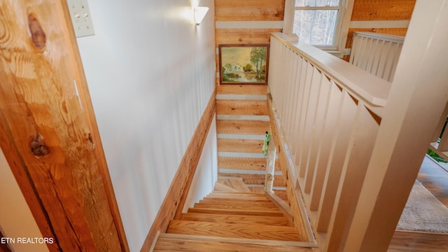 stairs with light hardwood / wood-style floors