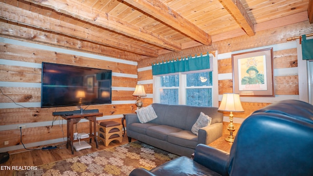 living room with wood-type flooring, wood walls, beamed ceiling, and wooden ceiling