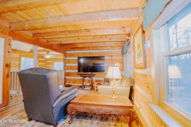 living room featuring a wealth of natural light, beamed ceiling, wood-type flooring, and wood ceiling