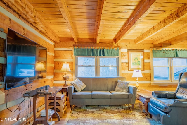 living room featuring wooden ceiling, hardwood / wood-style flooring, and beam ceiling