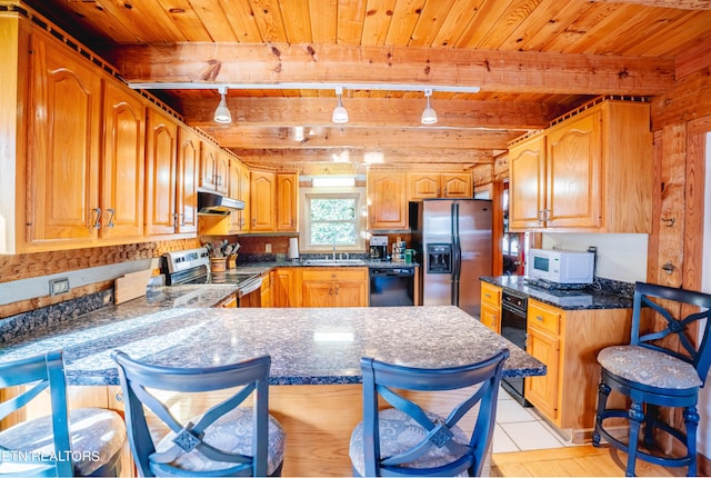 kitchen featuring beam ceiling, stainless steel appliances, sink, and wooden ceiling