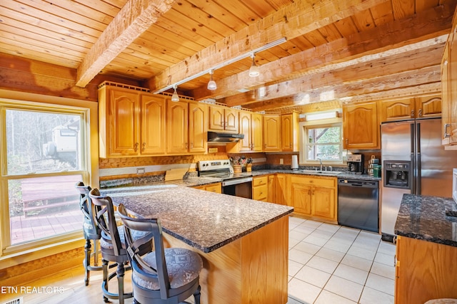 kitchen featuring stainless steel appliances, wooden ceiling, sink, and beam ceiling