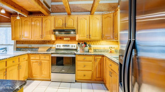 kitchen featuring beamed ceiling, exhaust hood, light tile floors, and appliances with stainless steel finishes