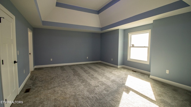 carpeted spare room featuring a raised ceiling