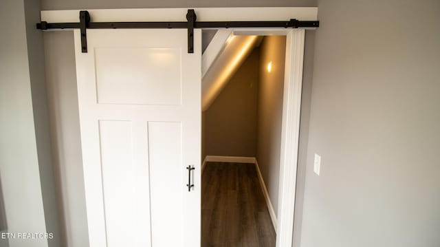 walk in closet featuring hardwood / wood-style floors and a barn door