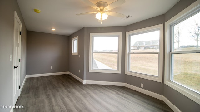 spare room featuring ceiling fan, a healthy amount of sunlight, and light hardwood / wood-style floors