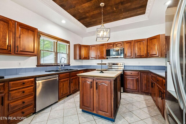kitchen featuring stainless steel appliances, a sink, a chandelier, wooden ceiling, and a raised ceiling
