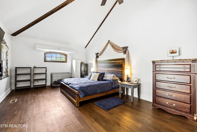 bedroom with baseboards, visible vents, beamed ceiling, high vaulted ceiling, and dark wood-type flooring