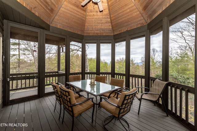 sunroom / solarium featuring lofted ceiling, plenty of natural light, ceiling fan, and wooden ceiling