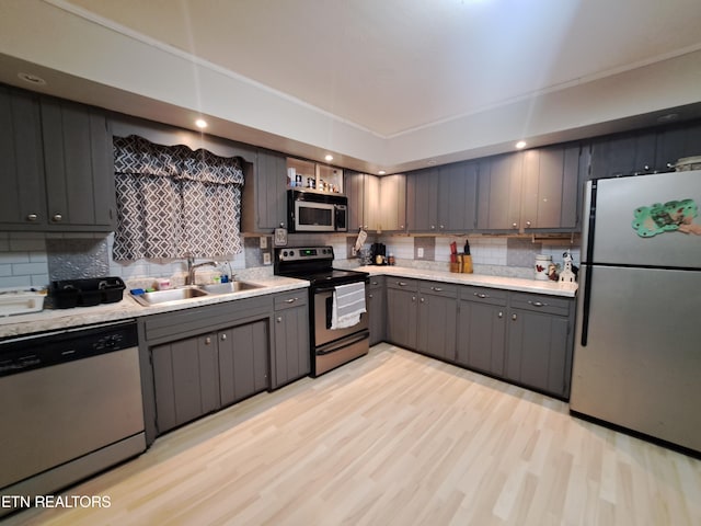 kitchen with light hardwood / wood-style floors, stainless steel appliances, gray cabinetry, backsplash, and sink