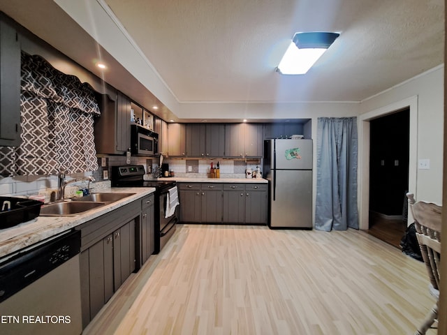 kitchen featuring appliances with stainless steel finishes, crown molding, light wood-type flooring, backsplash, and sink