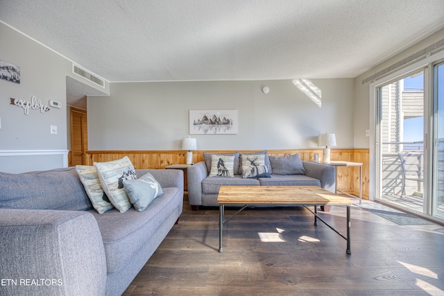 living room featuring a textured ceiling and dark hardwood / wood-style flooring