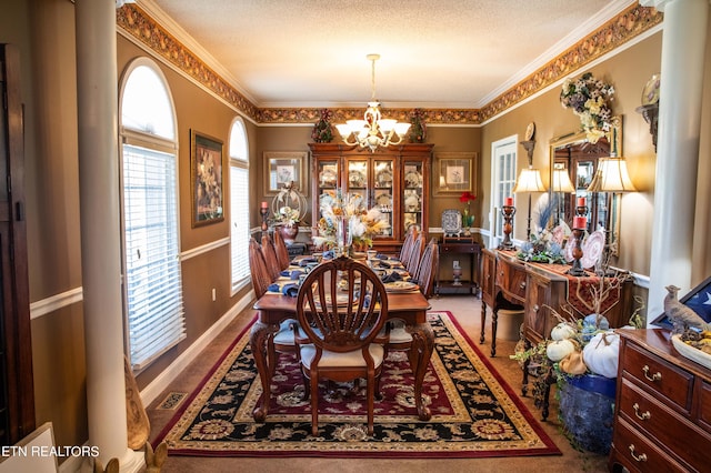 352 Rutherford Dr, New Tazewell, TN 37825 - carpeted dining space with an inviting chandelier, ornamental molding, and a textured ceiling