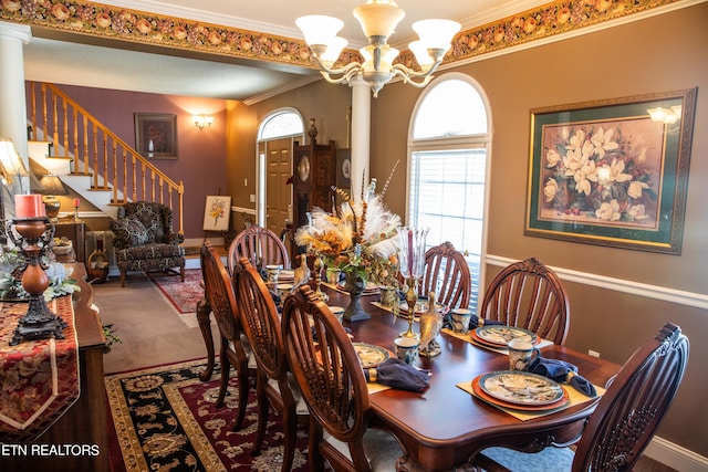 352 Rutherford Dr, New Tazewell, TN 37825 - dining room with an inviting chandelier, crown molding, ornate columns, and carpet