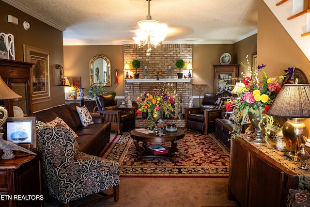 352 Rutherford Dr, New Tazewell, TN 37825 - carpeted living room featuring a fireplace, a textured ceiling, an inviting chandelier, and crown molding