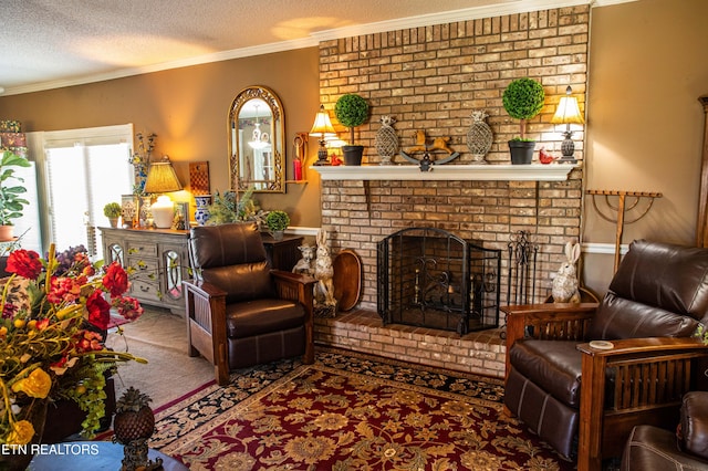 352 Rutherford Dr, New Tazewell, TN 37825 - carpeted living room with ornamental molding, a textured ceiling, and a fireplace