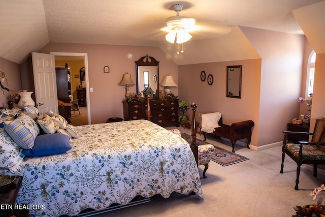 352 Rutherford Dr, New Tazewell, TN 37825 - bedroom featuring ceiling fan, a textured ceiling, light carpet, and vaulted ceiling
