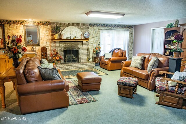 352 Rutherford Dr, New Tazewell, TN 37825 - living room with a brick fireplace, brick wall, carpet floors, and a textured ceiling
