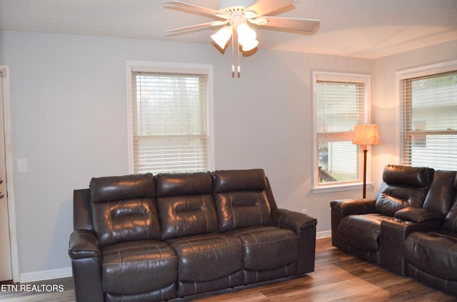 living room with a healthy amount of sunlight, wood-type flooring, and ceiling fan