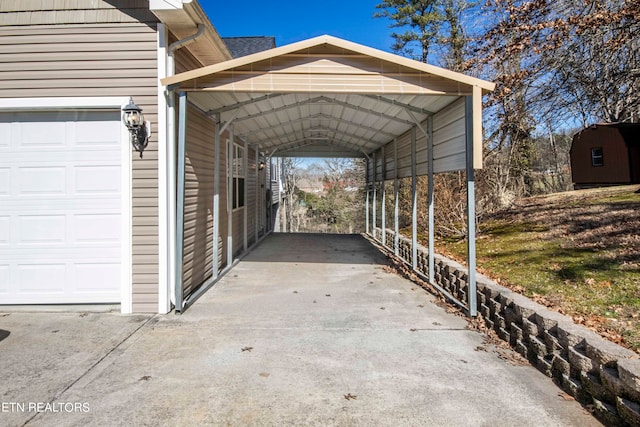 view of car parking with a garage and a carport