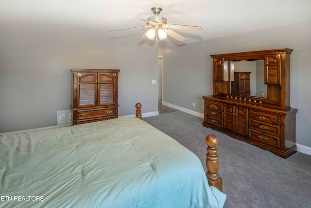 bedroom featuring dark colored carpet and ceiling fan