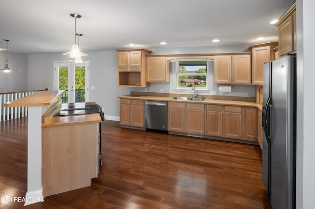 kitchen with sink, appliances with stainless steel finishes, a wealth of natural light, and dark hardwood / wood-style floors