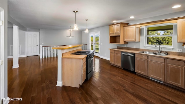 kitchen with stainless steel dishwasher, plenty of natural light, electric range oven, and dark wood-type flooring