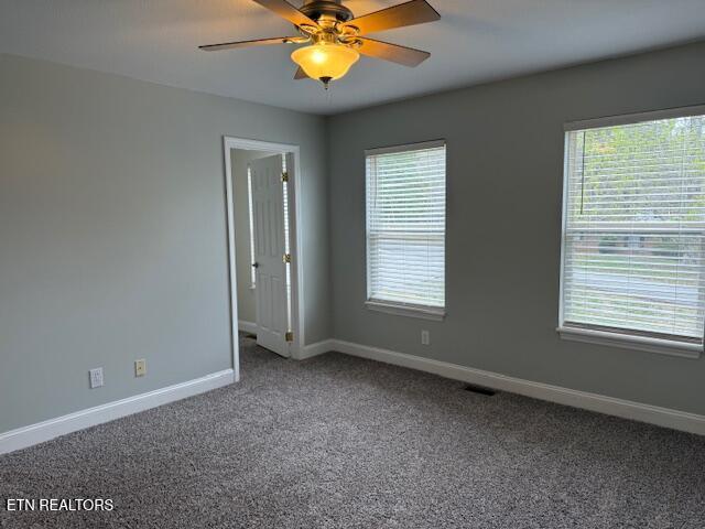 unfurnished room with baseboards, carpet, a healthy amount of sunlight, and a ceiling fan