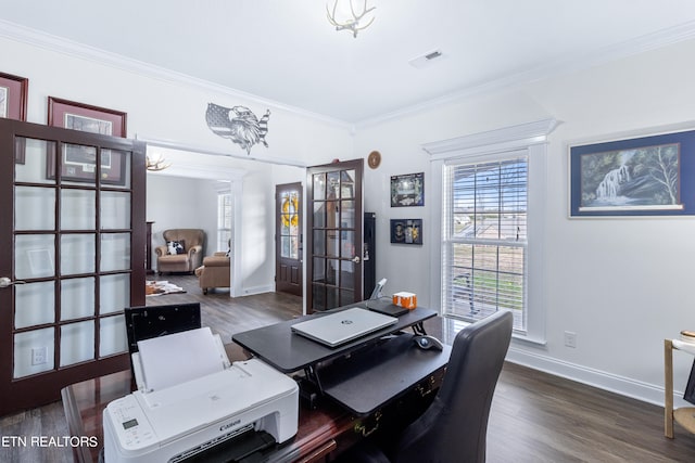 office with crown molding, dark hardwood / wood-style floors, a chandelier, and french doors