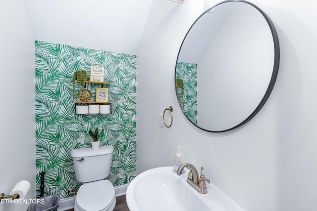 bathroom featuring sink, toilet, and vaulted ceiling