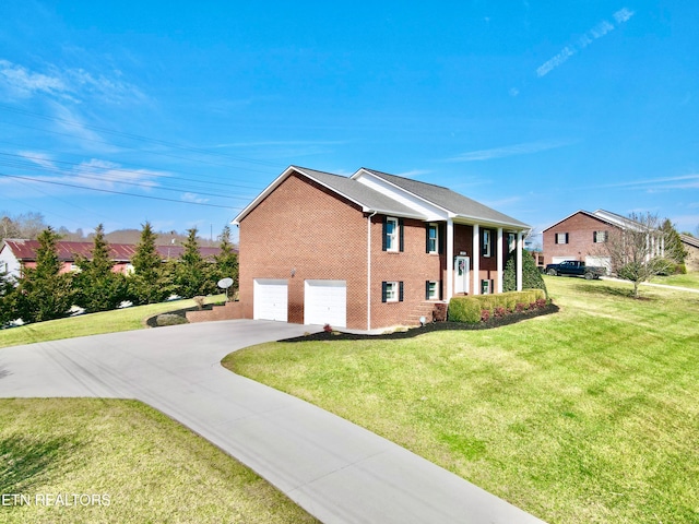 exterior space with a yard and a garage