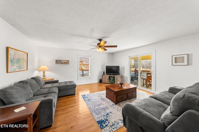 living room with ceiling fan, light wood-type flooring, and a textured ceiling